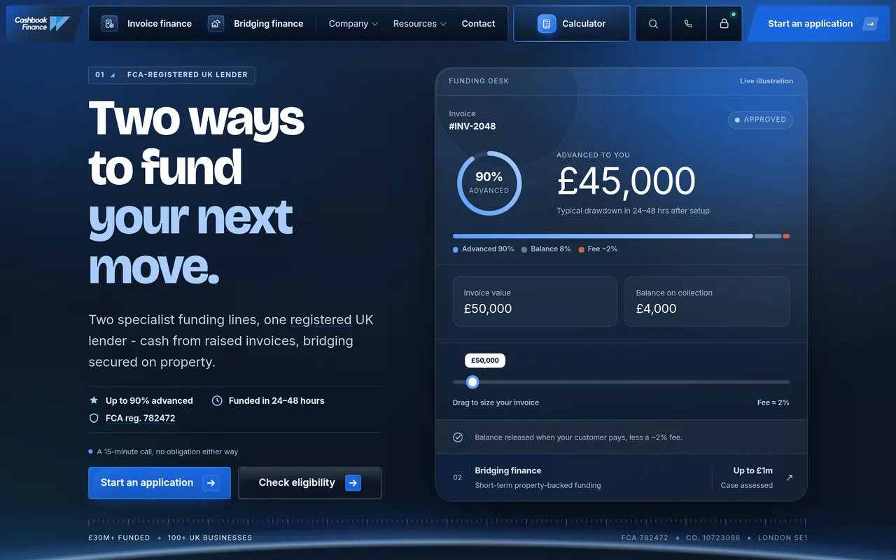 The Cashbook Finance homepage as it first opens on desktop: Two ways to fund your next move, with the interactive funding desk, the key promises and the start-an-application button.